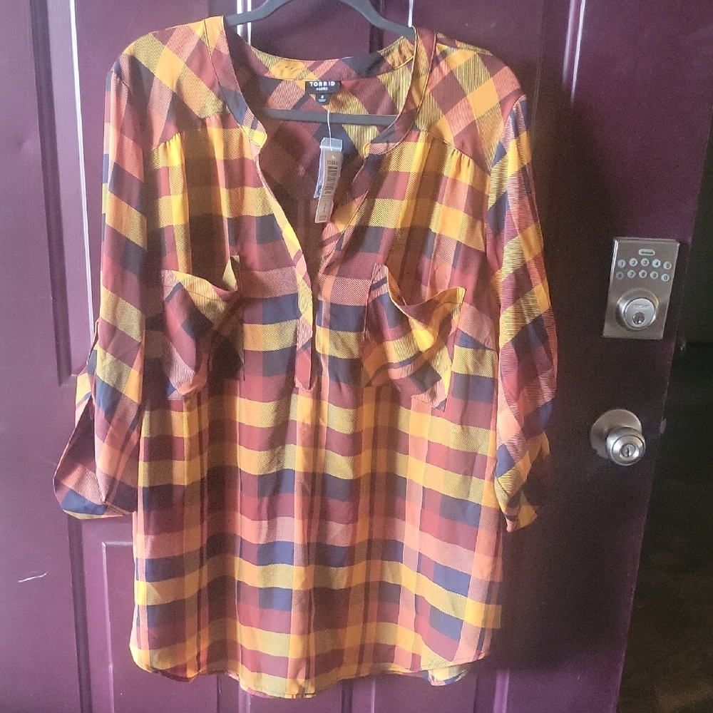 Torrid Harper Red and Yellow Plaid Shirt